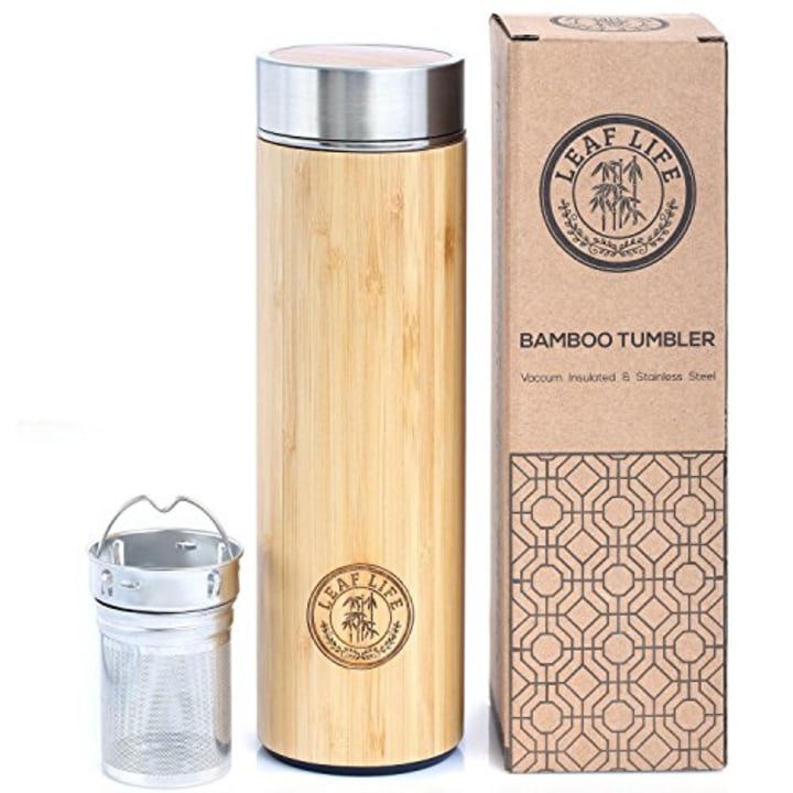 Original Bamboo Tumbler with Tea Infuser &amp; Strainer by LeafLife | 17oz Premium Tea Bottle | Vacuum Insulated Travel Tea Mug | Comes with Tea Diffuser For Loose Tea