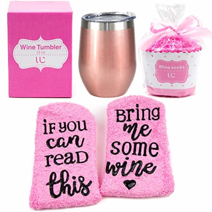 Stainless Steel 12 oz Wine Tumbler + Cupcake Wine Socks Gift Set | Double Insulated Stemless Wine Tumbler with Lid, Rose Gold | Includes Funny Socks&quot;If You Can Read This, Bring Me Some Wine&quot;