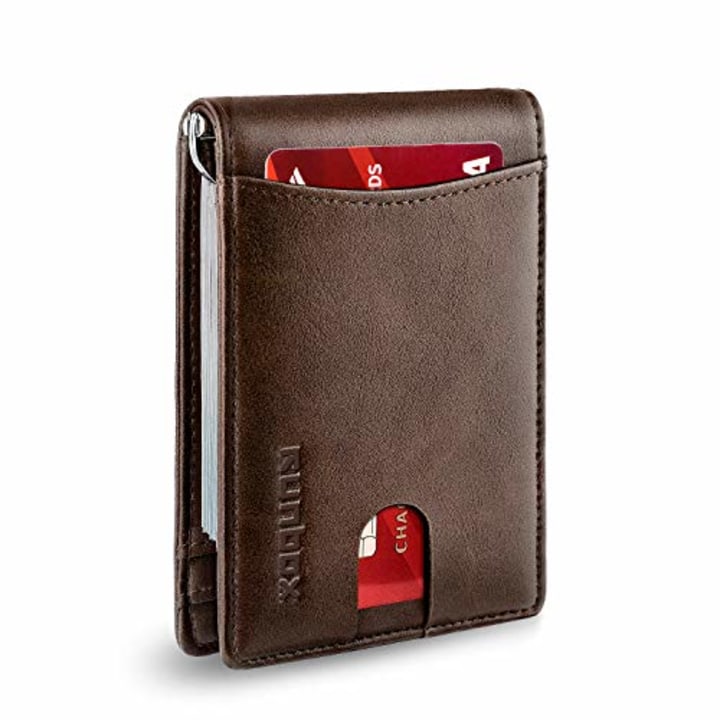RUNBOX Minimalist Slim Wallet for Men with Money Clip RFID Blocking Front Pocket Leather Mens Wallets(coffee)