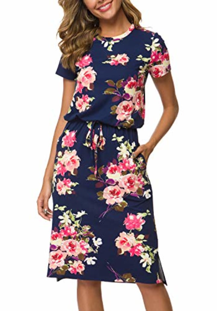 Women&#039;s Summer Floral Short Sleeve Casual Pockets Midi Dress with Belt Deepblue S