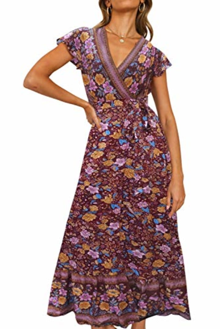 ZESICA Women&#039;s Bohemian Floral Printed Wrap V Neck Short Sleeve Split Beach Party Maxi Dress Dark Purple