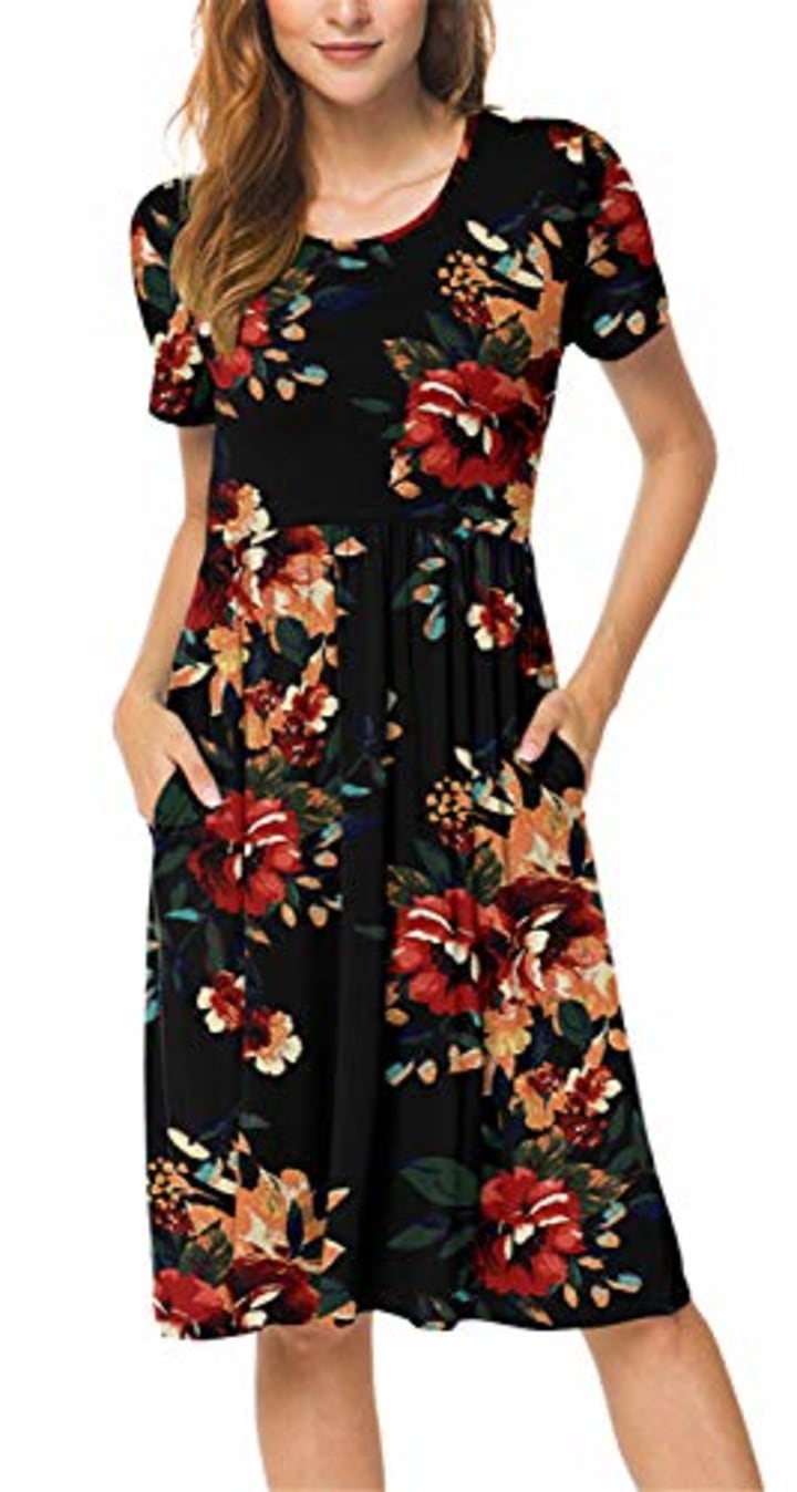 DB MOON Women Summer Casual Short Sleeve Dresses Empire Waist Dress with Pockets (Brown Floral Black, XS)