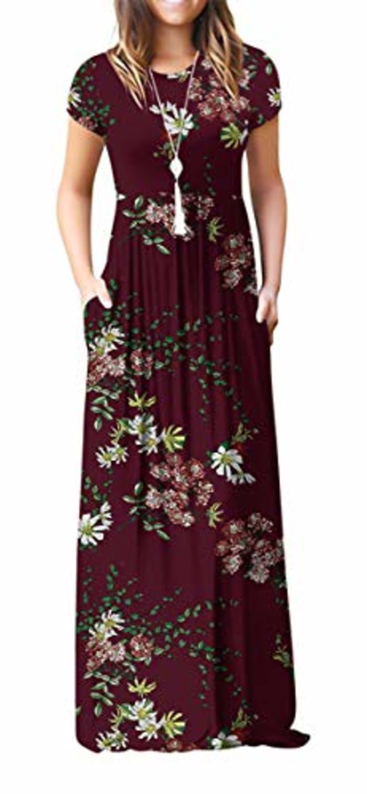 VIISHOW Women&#039;s Short Sleeve Floral Printed Dress Loose Plain Maxi Dresses Casual Long Dresses with Pockets(Floral Wine red X-Small)