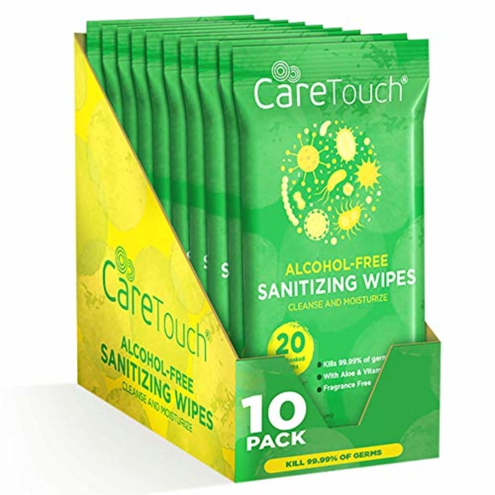 Care Touch Alcohol-Free Hand Sanitizing Wipes (10 Pouches) | 200 Antibacterial and Moisturizing Sanitizing Wipes with Vitamin E + Aloe Vera | for Babies and Adults