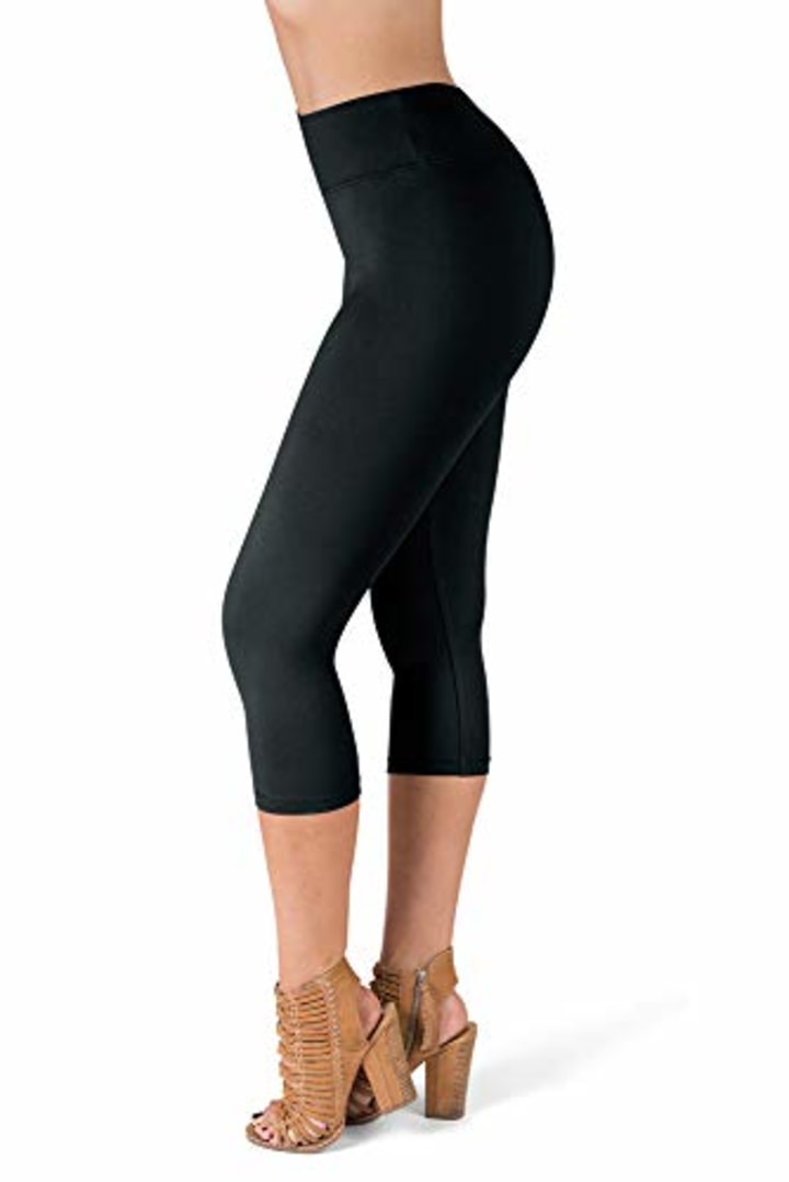 SATINA High Waisted Super Soft Capri Leggings - 20 Colors - Reg &amp; Plus Size (One Size, Black)