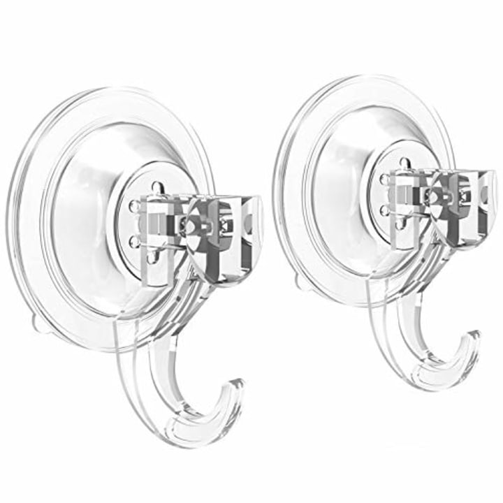 Suction Cup Hooks - Quntis Powerful SuperLock Suction Hooks (2 Pack) Heavy Duty Vacuum Suction Shower Hooks Kitchen Bathroom Wall Plastic Hooks Hanger for Towel Loofah wreath Robe Cloth Key Bag, Clear