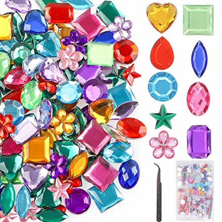 YIQIHAI 270pcs Larger Gems Acrylic Craft Jewels Flatback Rhinestones Gemstone Embellishments for Arts and Crafts Jewels, 9 Shapes, 13 to 20mm with Tweezers and Bag