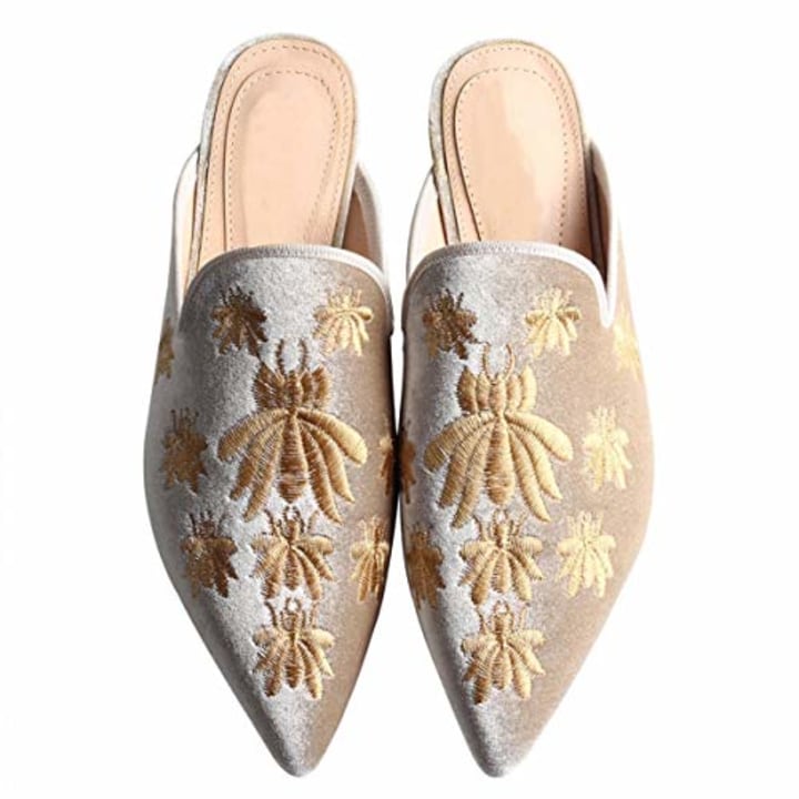 Fericzot Women&#039;s Velvet Backless Pointed Toe Slip On Loafers Flats Embroidery Mule Slippers Shoes Apricot 9