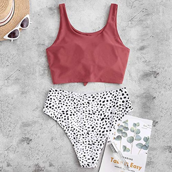 ZAFUL Women&#039;s Tankini Bikini Swimsuit Flower Print Two Piece Knot Ruched Bikini Set Swimwear