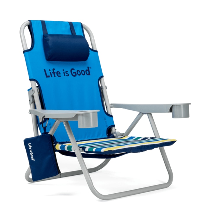 Life is Good Beach Chair with Cooler, Backpack Straps, Storage Pouch and Cup Holder (Jake Blue)