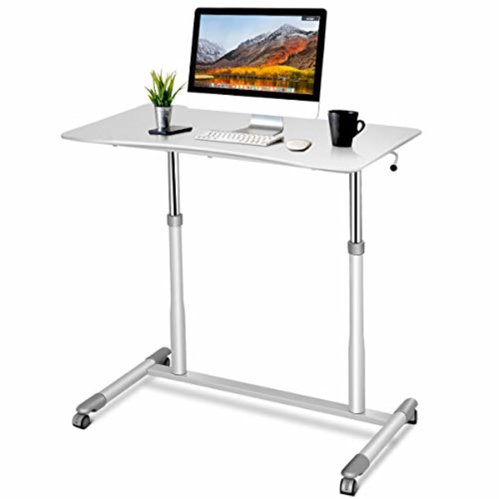 Tangkula Standing Desk Computer Desk, Height Adjustable Desk Sit Stand Desk with 4 Movable Wheels, Portable Writing Study Laptop Table of Iron Pipe Frame, MDF, PVC Tabletop - White