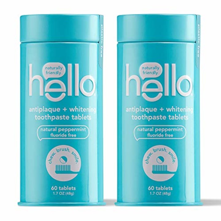 Hello Antiplaque + Whitening Toothpaste Tablets Gently Remove Surface Stains, Delicious Farm Fresh Peppermint, Fluoride Free, 2 Plastic-Free, Travel-Friendly, &amp; Reusable Metal Containers, 120 Tablets