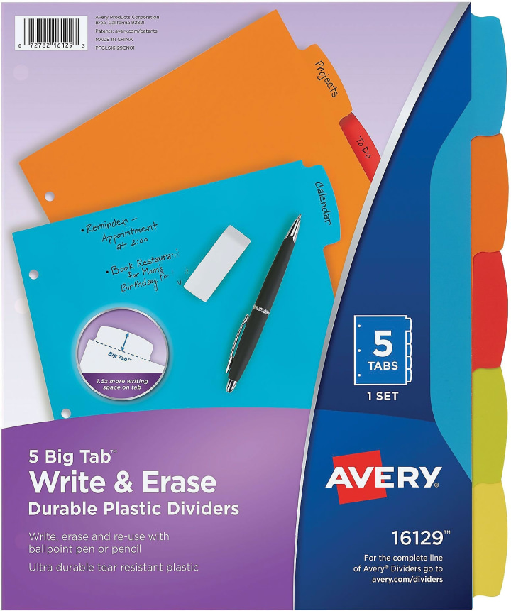 Avery Big Tab Write &amp; Erase Plastic Dividers 5-Tab Assorted Colors (16129) 2609669