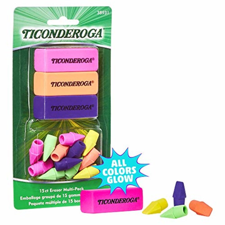 Ticonderoga Neon Erasers, Assorted Colors, 15 Count (38931)