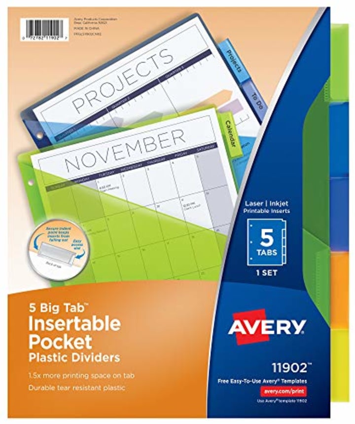 Avery Plastic 5-Tab Binder Dividers with Pocket, Insertable Multicolor Big Tabs, 1 Set (11902)
