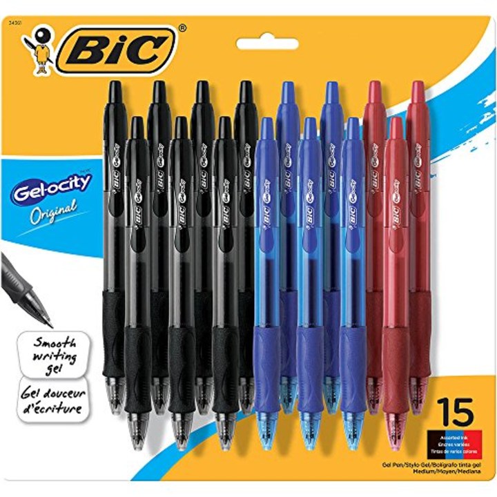 BIC Gel-ocity Original Retractable Gel Pen, Medium Point (0.7 mm), Black, Blue, Red, 15-Count