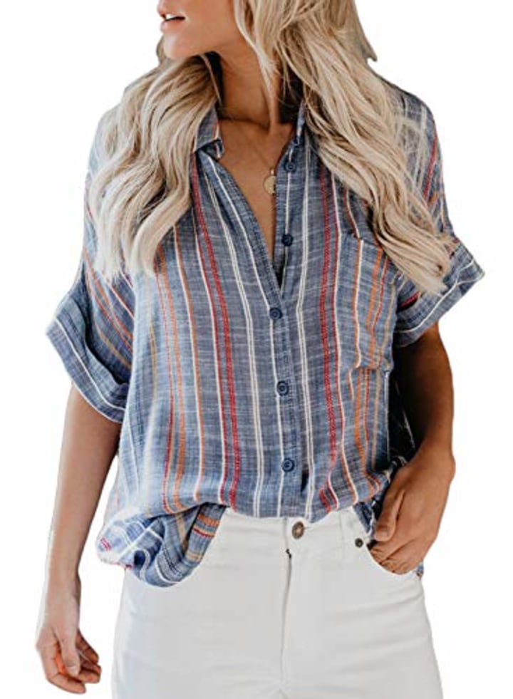 HOTAPEI Womens Summer Casual V Neck Striped Cuffed Sleeve Button Down Collar Front Pockets Chiffon Blouses for Women Shirts Tops Small Blue