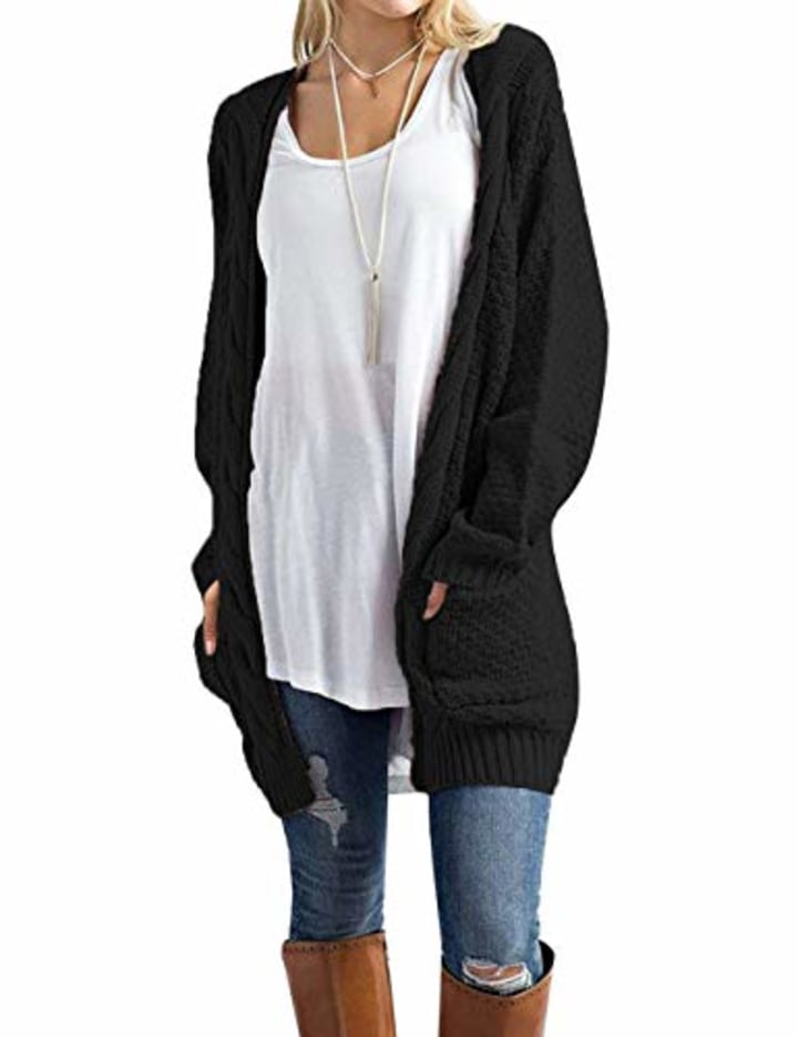 Traleubie Women&#039;s Loose Casual Long Sleeved Open Front Breathable Cardigans Sweater with Pocket Black M