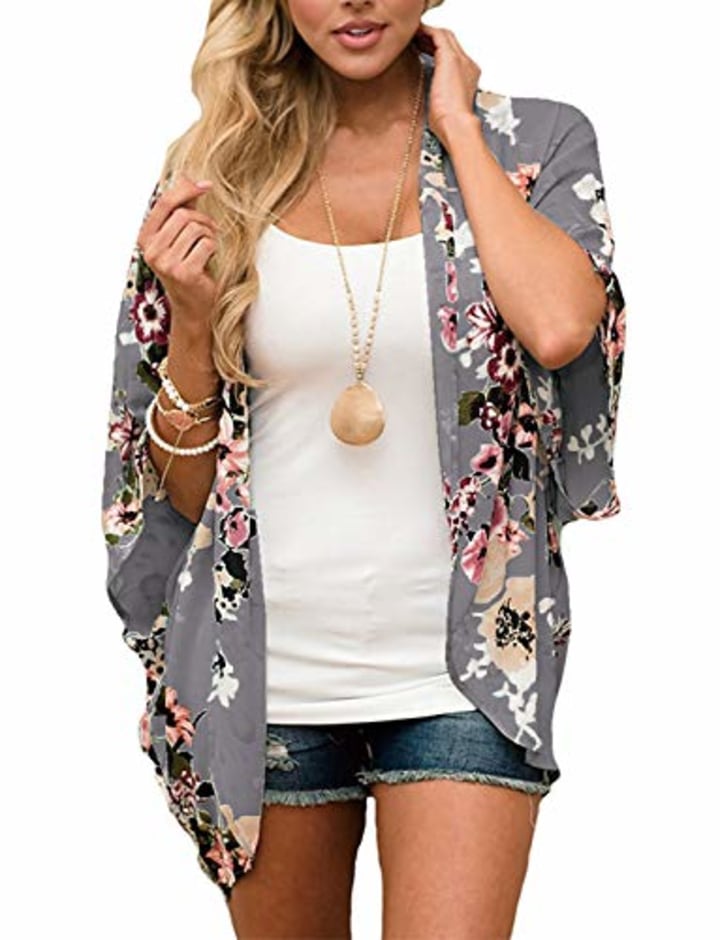 Women&#039;s Chiffon Floral Kimono Cover Ups Tops Beach Lightweight Summer Cardigans Thin Sheer Boho 3/4 Sleeve Shirts Small Deep Gray