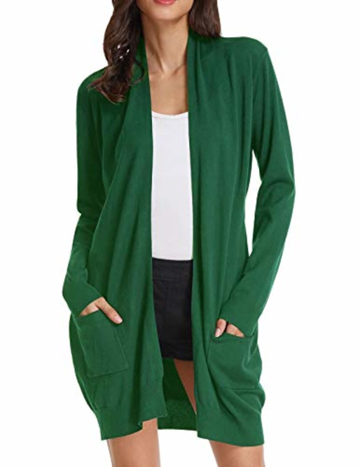 Women Classic Open Front Soft Drape Long Cardigan with Pockets (S,Army Olive)