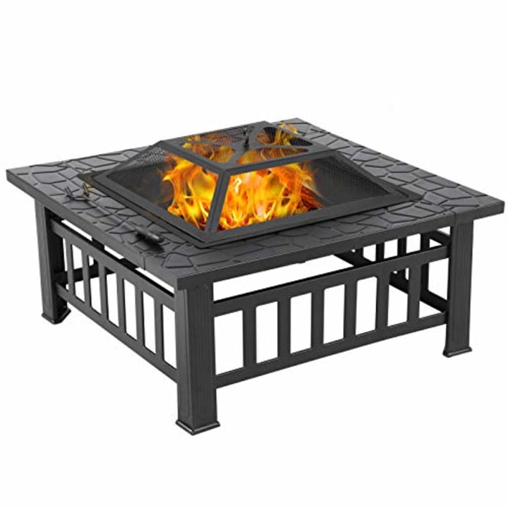 Yaheetech 32in Outdoor Fire Pit Metal Square Firepit Wood Burning Backyard Patio Garden Beaches Camping Picnic Bonfire Stove with Spark Screen, Log Poker and Cover