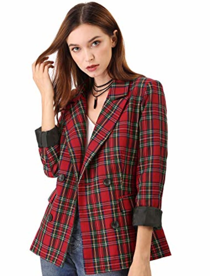 Allegra K Women&#039;s Notched Lapel Double Breasted Plaid Work Formal Blazer Jacket XS Red Green