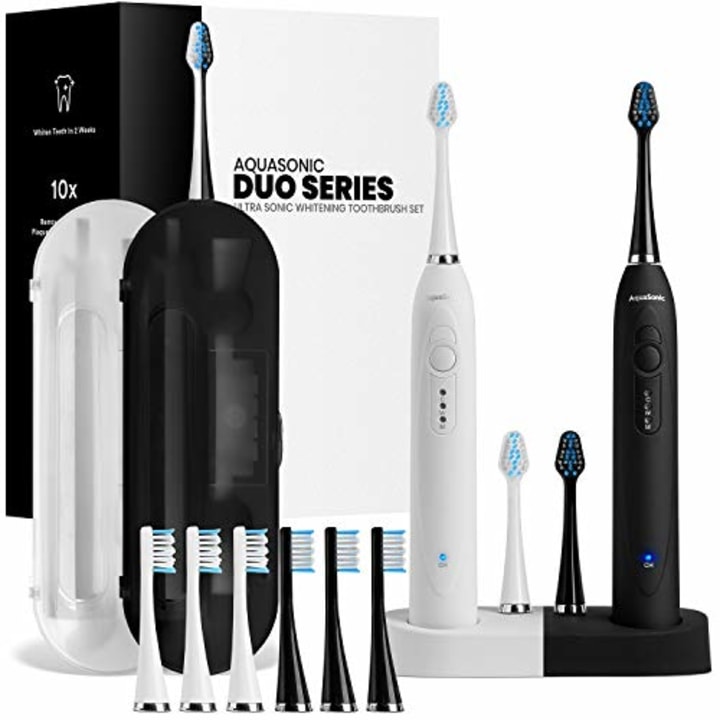 AquaSonic DUO Dual Handle Ultra Whitening 40,000 VPM Wireless Charging Electric ToothBrushes - 3 Modes with Smart Timers - 10 DuPont Brush Heads &amp; 2 Travel Cases Included