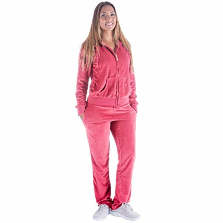 Womens Jogging Suits Sets Pink Velvet Velour Tracksuit Active wear 2 Piece  Jogging Suits Sweat Suits Outfits (L, Coral)