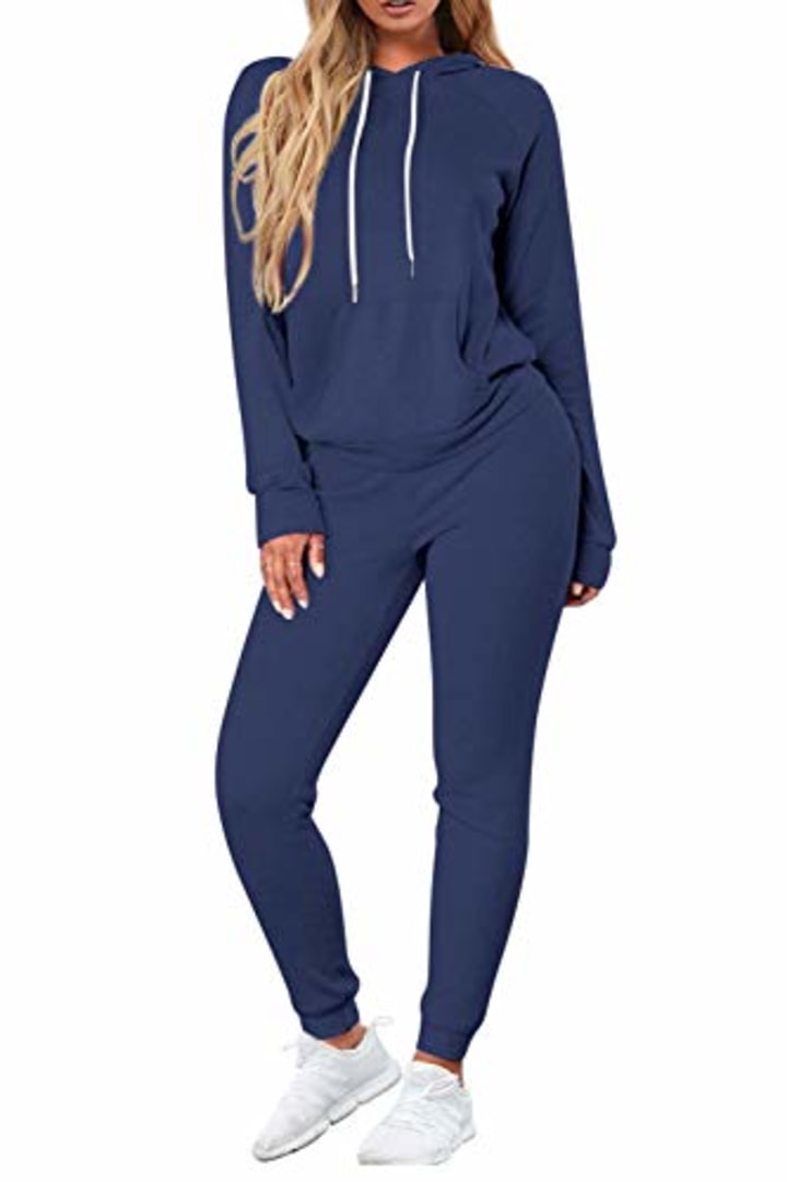 Selowin Women Hoodie Sweatsuit Long Sleeve Sweatshirt and Sweatpants Lounge Jogger Matching Sets Navy Blue L