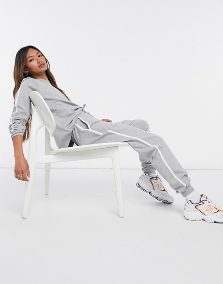 ASOS DESIGN tracksuit sweat / basic jogger with tie with contrast binding in gray marl