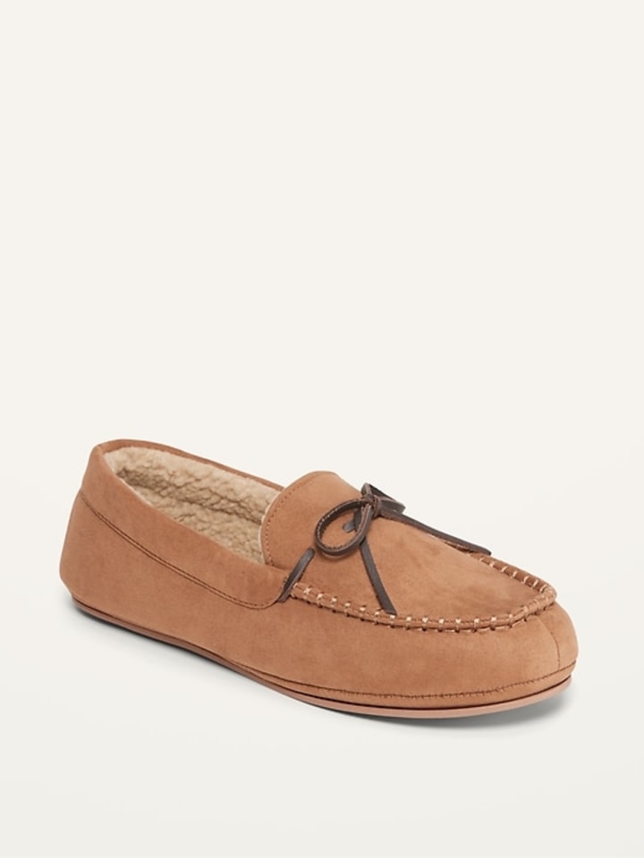 Faux-Suede Sherpa-Lined Moccasin Slippers