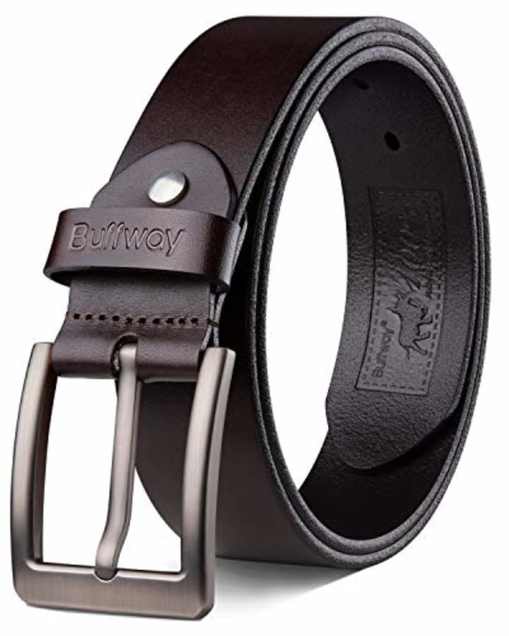 Buffway Mens Belt Heavy Duty Italian Leather Causal Dress Belts for Men with Classic Buckle - Width 1.5&quot; - 54" Coffee