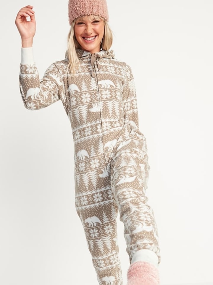 Patterned Micro Performance Fleece Hooded One-Piece Pajamas for Women