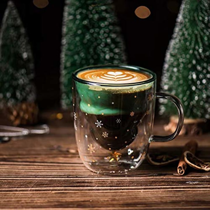 Fun Christmas Coffee Mugs Holiday Cups, 10oz Double Wall Glass Tableware with Lid and Handle, Tree Snowflake Glassware for Tea, Milk, Beverage, Juice, Water, 300ML (With Lid)