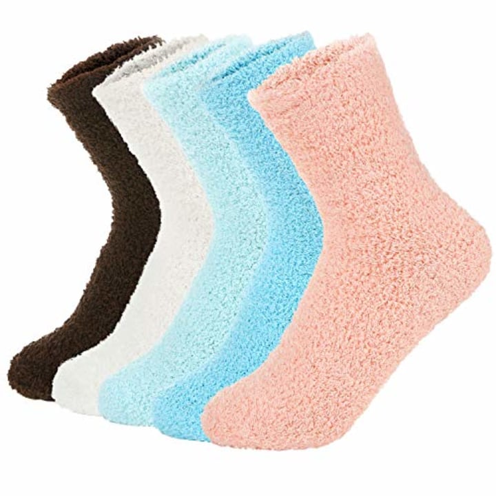 Zando Womens Winter Warm Fuzzy Fluffy Socks Casual Super Soft Crew Sock Microfiber Thick Home Sock Cozy Plush Slipper Sock 5 Pairs Vintage Solid One Size