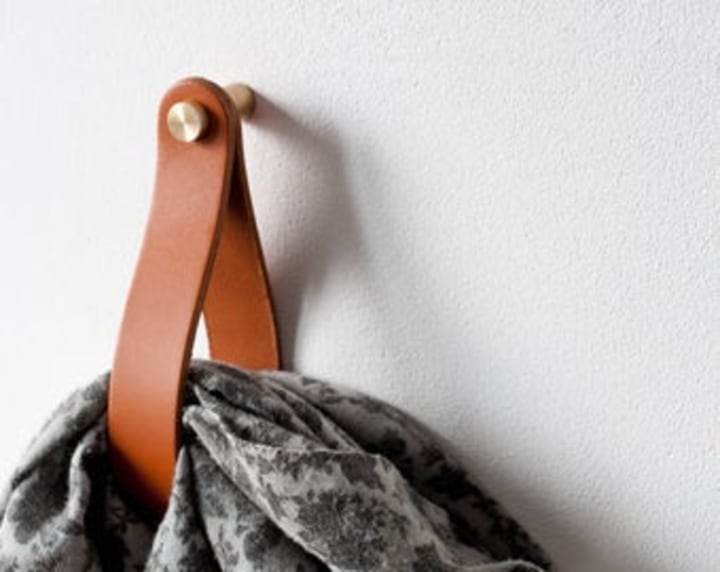 Round Beech Wood &amp; Copper Coat Wall Hook / Hanger With Leather Strap