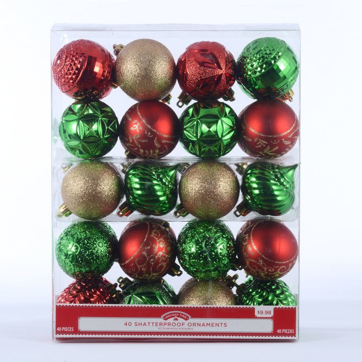 Holiday Time 40 Count Shatterproof Ornaments- Red, Green &amp; Gold