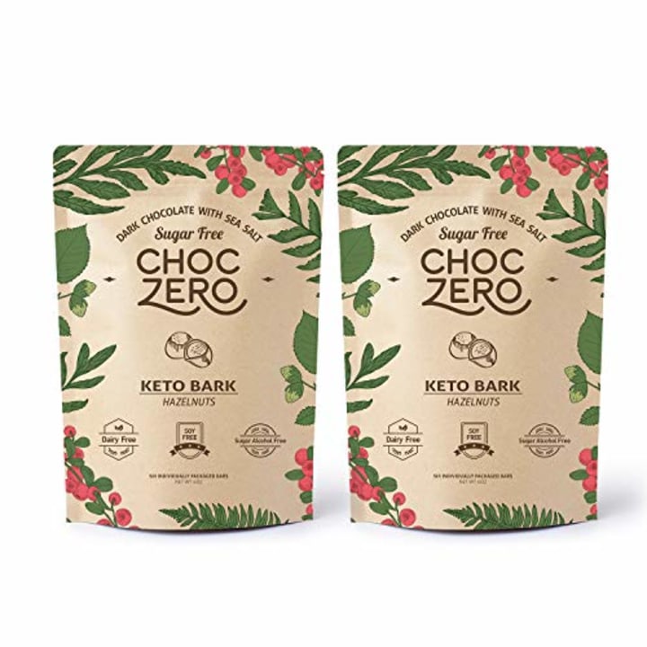 ChocZero&#039;s Keto Bark, Dark Chocolate Hazelnuts with Sea Salt. Sugar Free, Low Carb. No Sugar Alcohols, No Artificial Sweeteners, All Natural, Non-GMO (2 bags, 6 servings/each)
