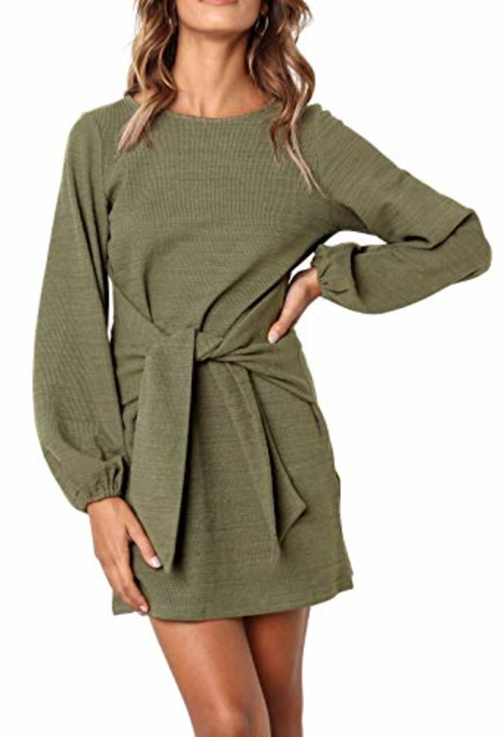 R.Vivimos Women&#039;s Autumn Winter Cotton Long Sleeves Elegant Knitted Bodycon Tie Waist Sweater Pencil Dress (Small,Army Green)