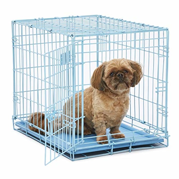 Blue Dog Crate | MidWest iCrate 24&quot; Blue Folding Metal Dog Crate w/ Divider Panel, Floor Protecting Feet &amp; Leak Proof Dog Tray | 24L x 18W x 19H Inches, Small Dog Breed