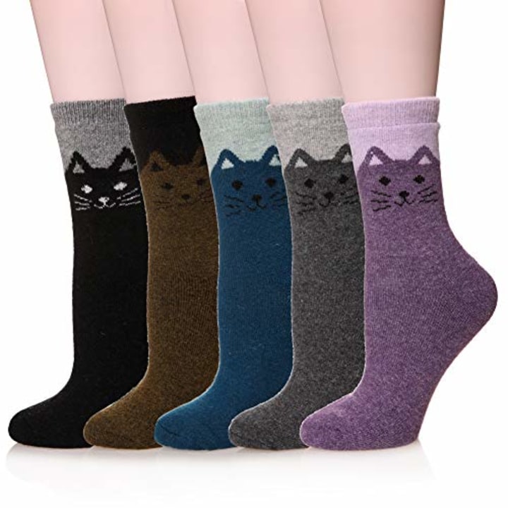 Velice Women&#039;s Winter Wool Socks Soft Warm Cozy Thickened Crew Causul Socks 5 Pairs (Cat)