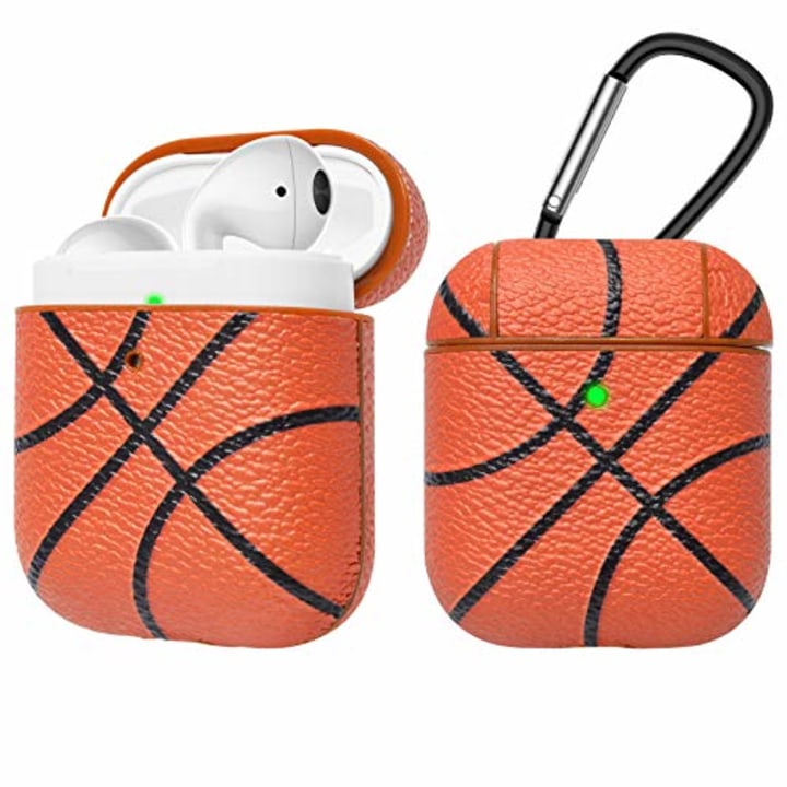 Tekcoo AirPods Case, [Front LED Visible] AirPods Accessories Cover Compatible with Apple Airpods 1 &amp; AirPods 2 Protective PC Plastic Inner + PU Vegan Leather Pattern Skin &amp; Keychain [Basketball]