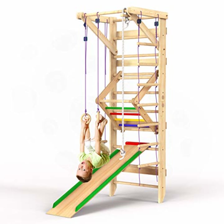 Wooden Swedish Ladder Wall Set - Kids Stall Bars for Exercise - Kids Swedish Gymnastic Wall Gym - Wood Stall Bar Gymnastics Playground - best Gym for all family all ages training stretching - Sport-3