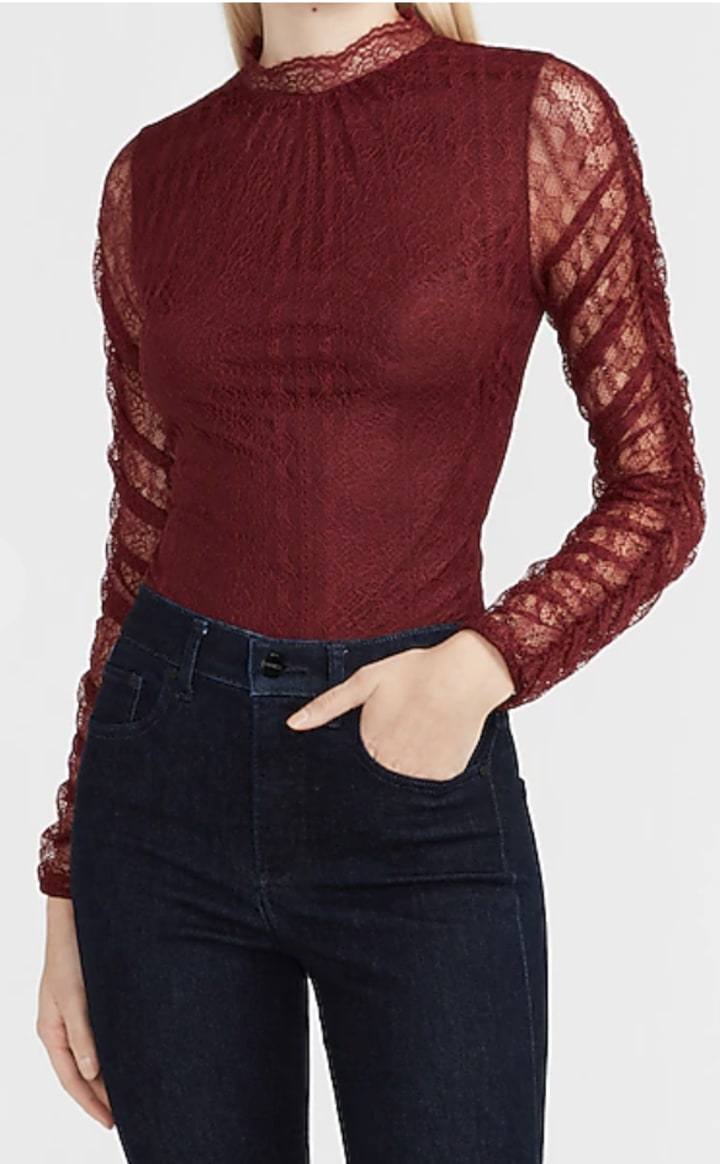 Lace Ruched Sleeve Mock Neck Top