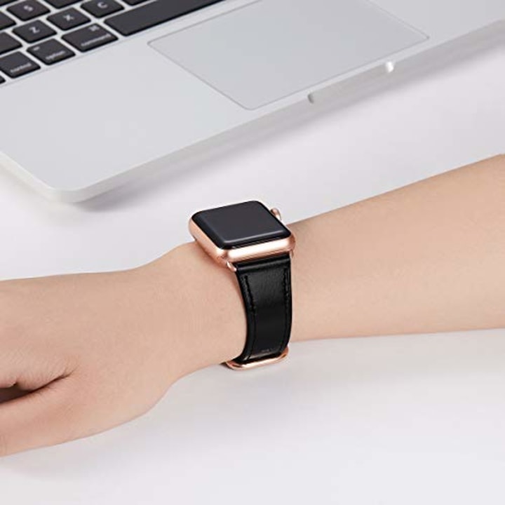 WFEAGL Compatible iWatch Band 38mm 40mm, Top Grain Leather Bands of Many Colors for iWatch Series 5,Series 4,Series 3,Series 2,Series 1 (Brown Band+Black Adapter, 38mm 40mm)