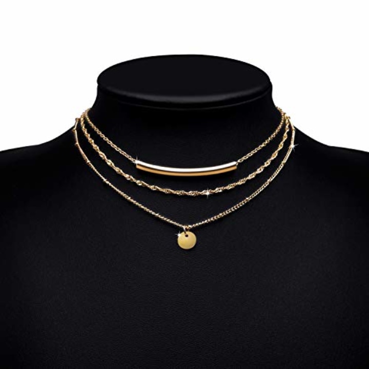 Aisansty Layered Coin Tube Pendant Choker Necklace for Women Girls Dainty Gold Plated Layering Chain Neckalces Set