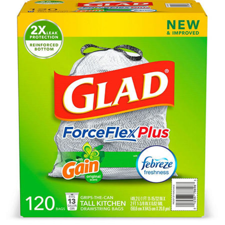 Glad ForceFlexPlus 13-Gallon Tall Kitchen Drawstring Trash Bags, Gain Original with Febreze Freshness (120 ct.)