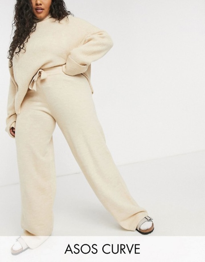 ASOS DESIGN Curve roll neck sweater and wide leg pants set in camel
