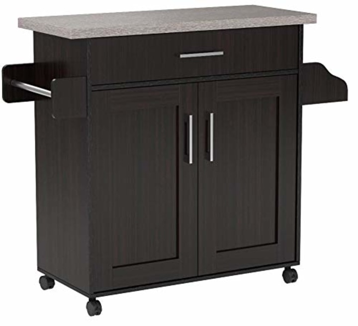 Hodedah Kitchen Island with Spice Rack, Towel Rack &amp; Drawer, Chocolate with Grey Top