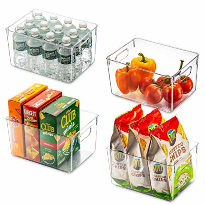 Set Of 4 Clear Pantry Organizer Bins Household Plastic Food Storage Basket with Cutout Handles for Kitchen, Countertops, Cabinets, Refrigerator, Freezer, Bedrooms, Bathrooms - 11&quot; Wide